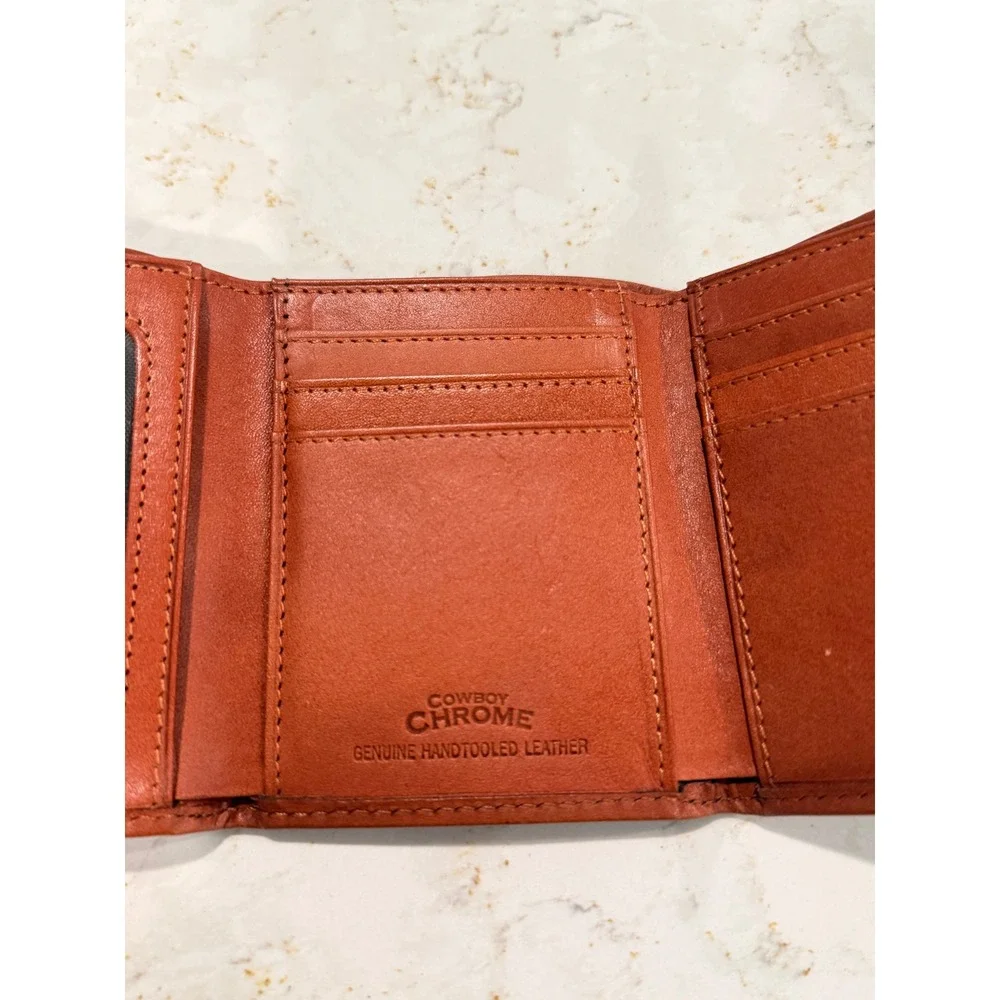 Cowboy Chrome Handtooled Leather Trifold Wallet Brown Basketweave Cross Mens